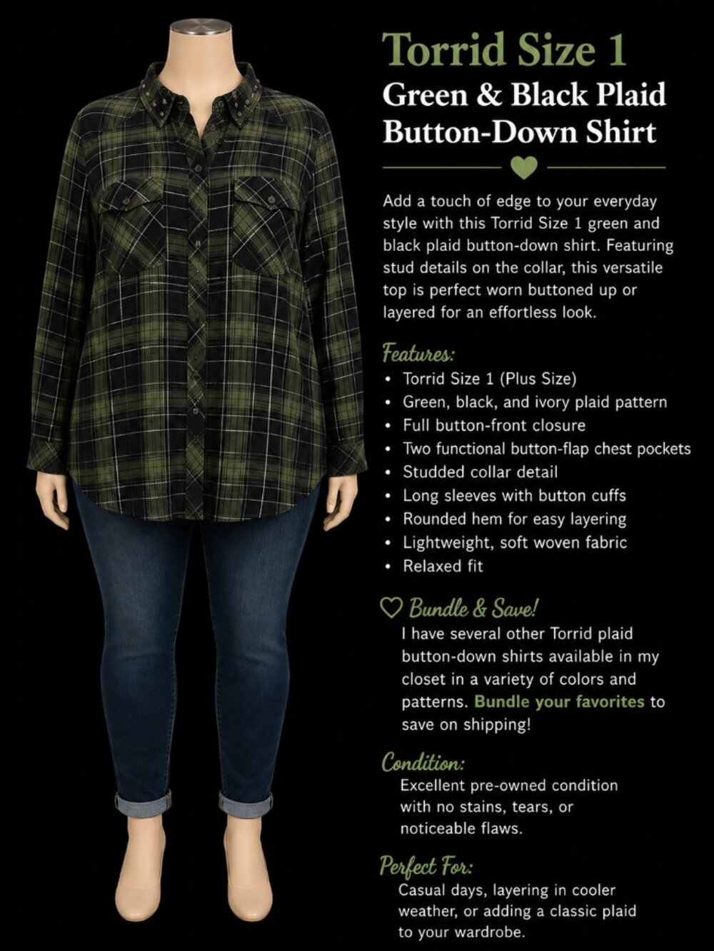 Torrid Size 1 Green & Black Plaid Button-Down Shirt | Studded Collar Plus Size